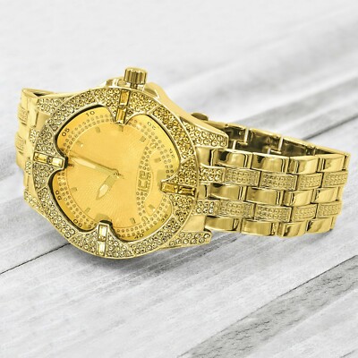 Yellow Cz On Yellow Gold Finish w/ Royal Blue Face ''Deluxe'' Custom Wristwatch