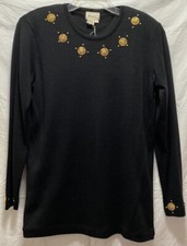 Ann Wi Classy Ornate Knit Sweater Black Gold Jewels Vintage Sz Medium New