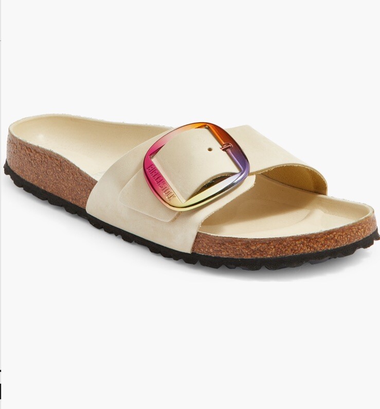 Birkenstock Madrid Iridescent Big Buckle Slide Sandals Ecru
