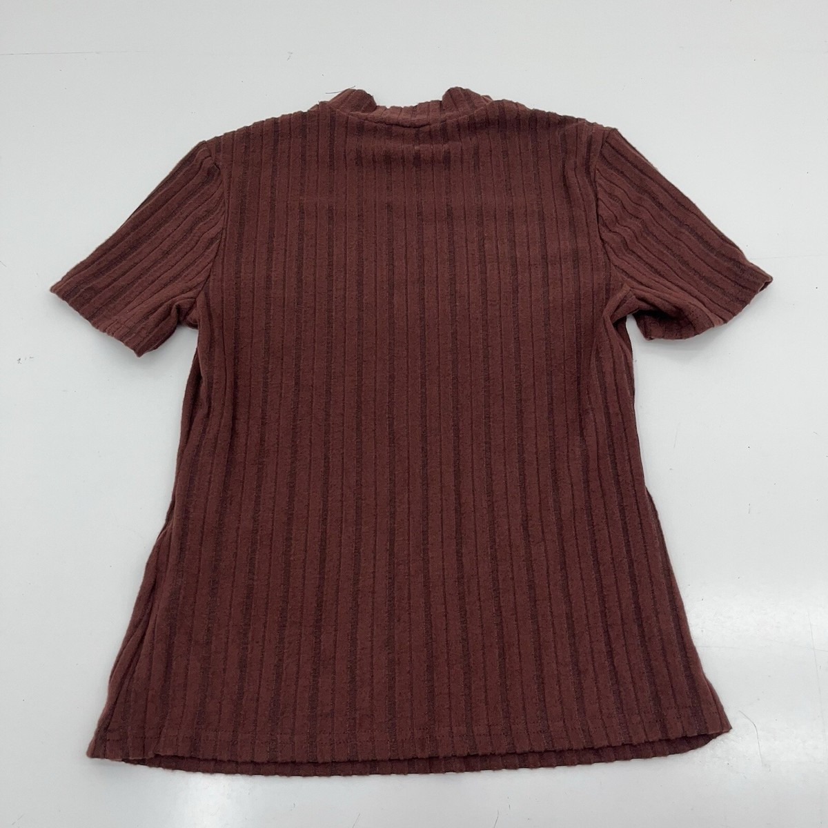 Shein Brown Ribbed Knit Mock Neck Short Sleeve T-Shirt