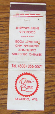 DEVI-BARA CHINESE FOOD MATCHBOOK COVER: BARABOO, WISCONSIN 1970s MATCHCOVER -A8