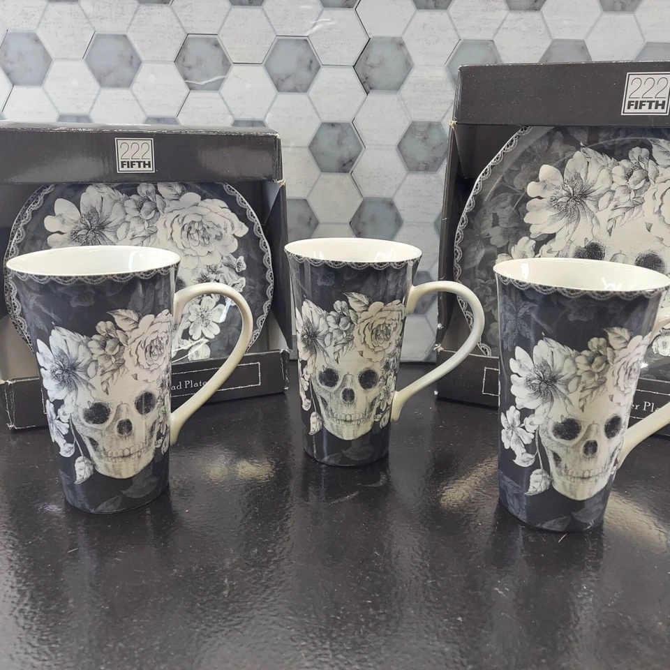 222 Fifth Marbella Skull set Dinner & Salad Plates 3 Mugs NEW - Image 4 of 4