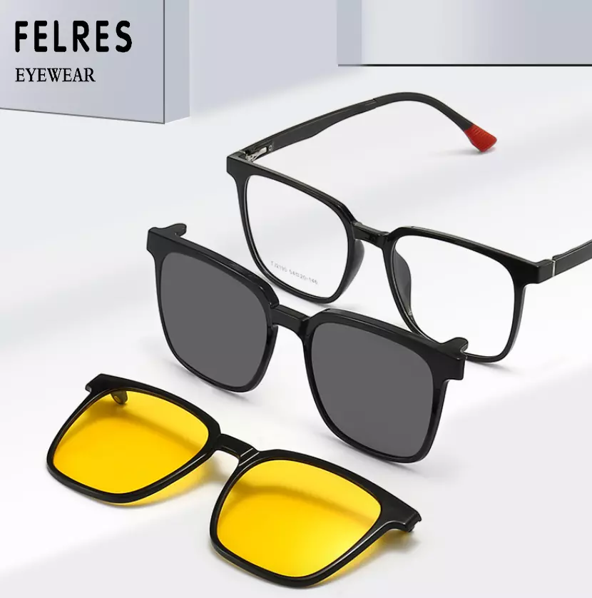 3 in 1 TR90 Magnetic Clip On Polarized Sunglasses For Men Square 