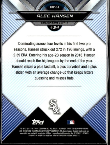 2018 Bowman Scouts Top 100 Alec Hansen Chicago White Sox #BTP34 - Picture 2 of 2