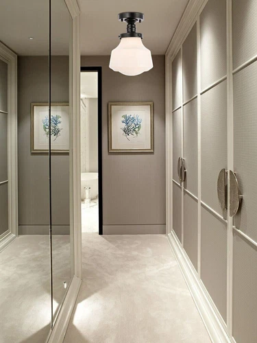 Flush Mount Light Fixture Frosted Glass Shade Black Kitchen Bathroom Hallway - Picture 2 of 12