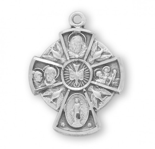 Small Sterling Silver 4-Way 0.8" Cross Holy Spirit Ctr, 18" Chain, Gift Box, US - Picture 2 of 3