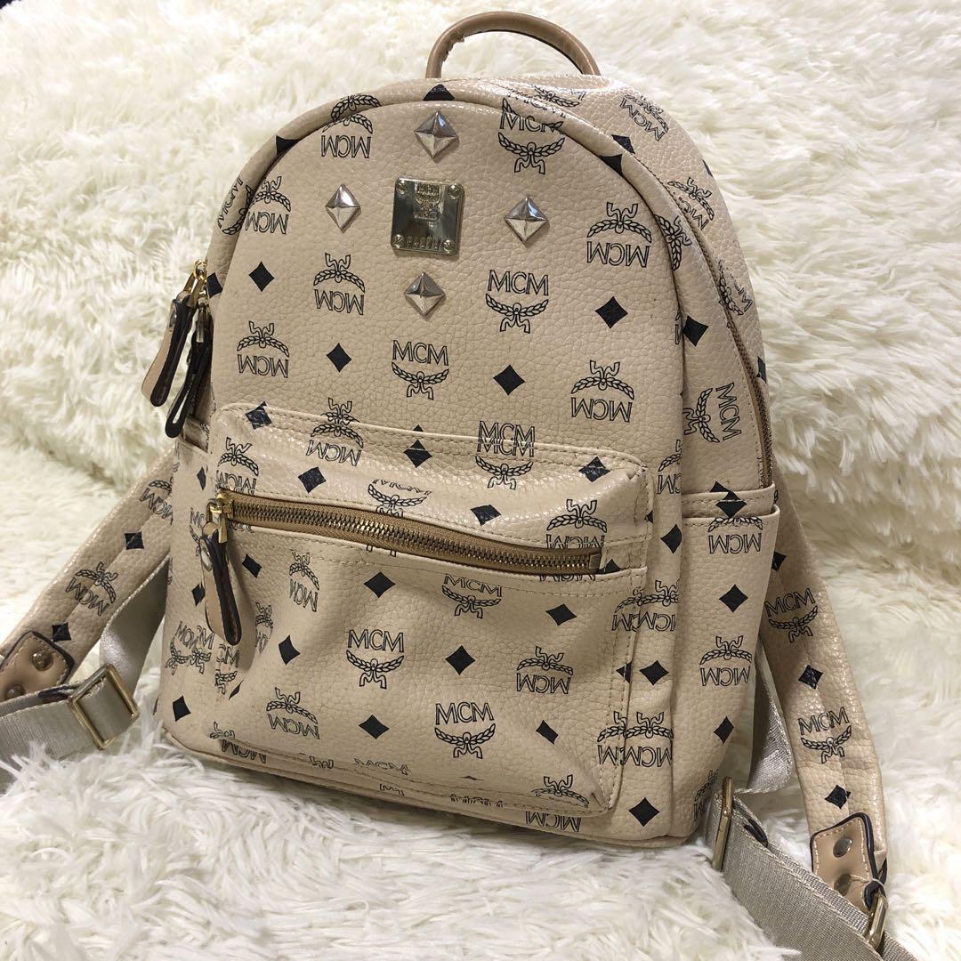 MCM Studded Backpack Leather Beige Silver Metal Logo Plate