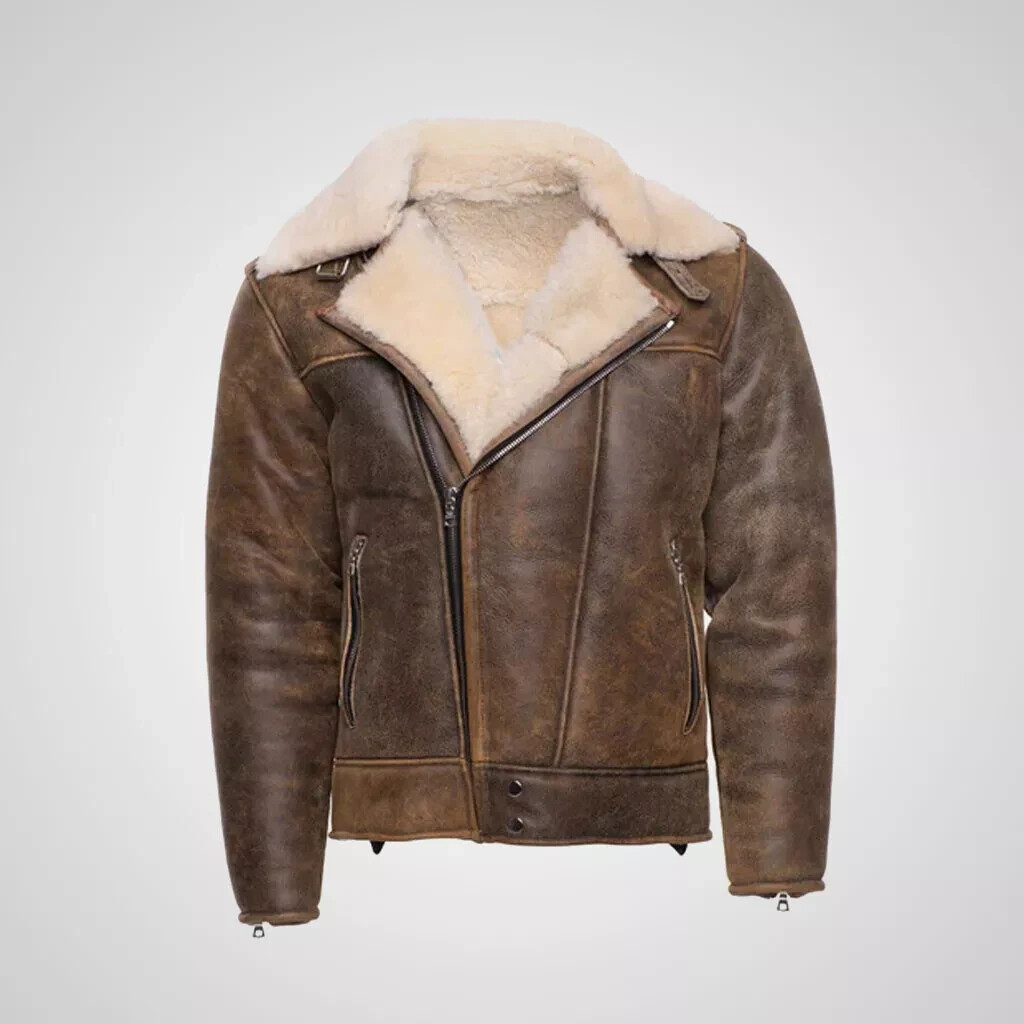Men's RAF Aviator B3 Bomber Jacket - Genuine Sheepskin Leather Biker Coat with Shearling Lining  