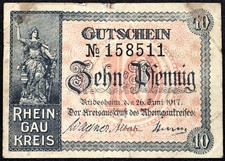 RÜDESHEIM 1917  Rheingau-Kreis  RARE 10 Pfennig w/underprint numerals! Notgeld