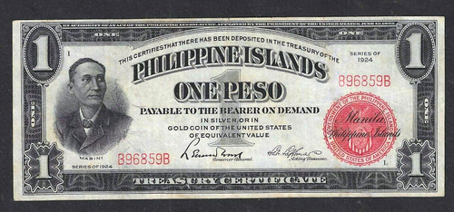 1924 PHILIPPINES ISLANDS 1 PESO ~ P-68a ~ ACTING TREASURER SIG ~ EXTREMELY FINE