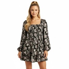 NWT Mille Babydoll Mini Dress Sz S Milkmaid Puff Sleeve Black Floral Tuckernuck