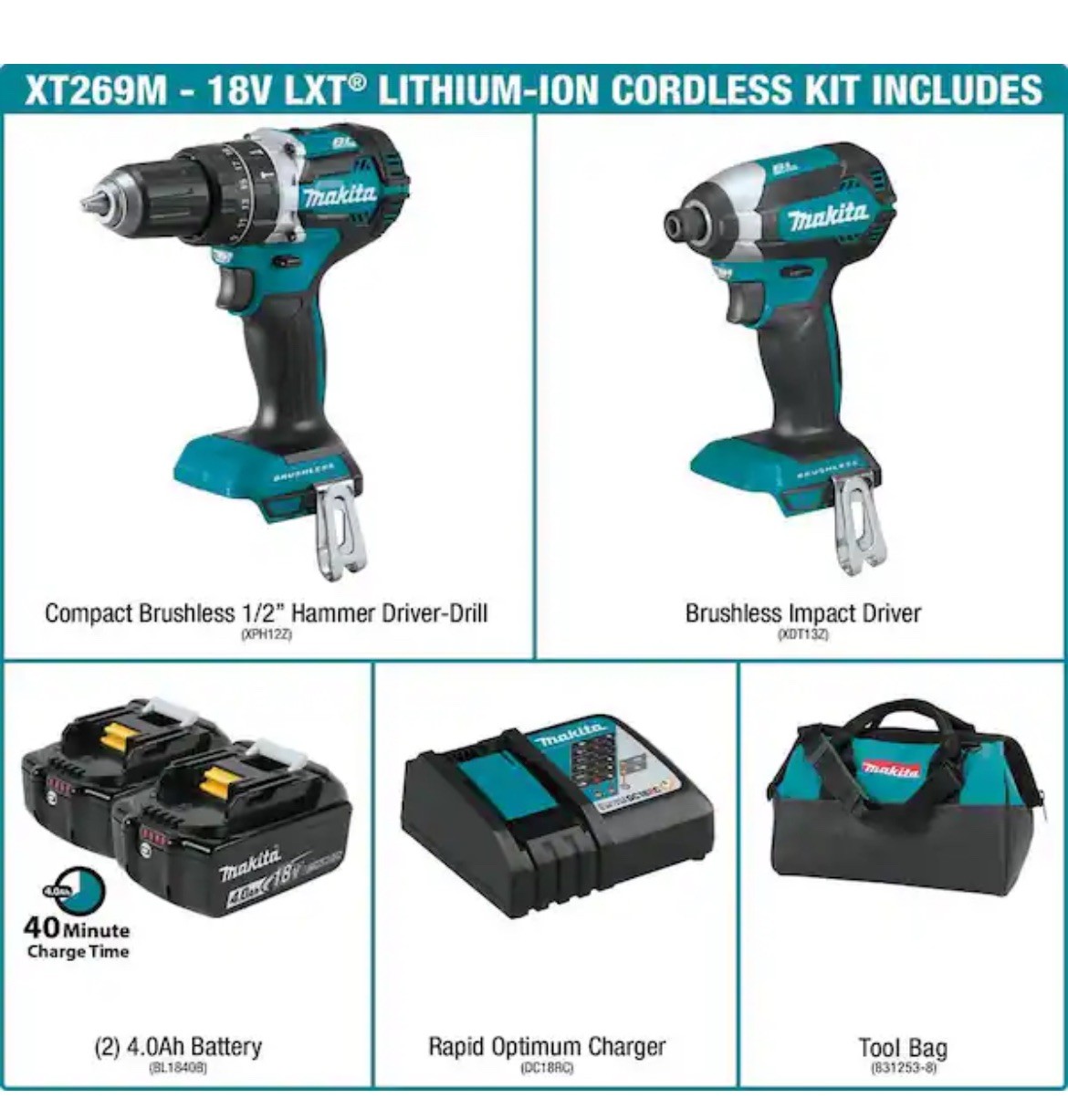 Makita 18V LXT Brushless Cordless Hammer Drill & Impact Driver & 2 4Ah Batteries