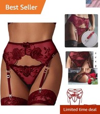Lace Garter Belt Thong Set for Women Suspender Lingerie with 4 Metal Clips Holde