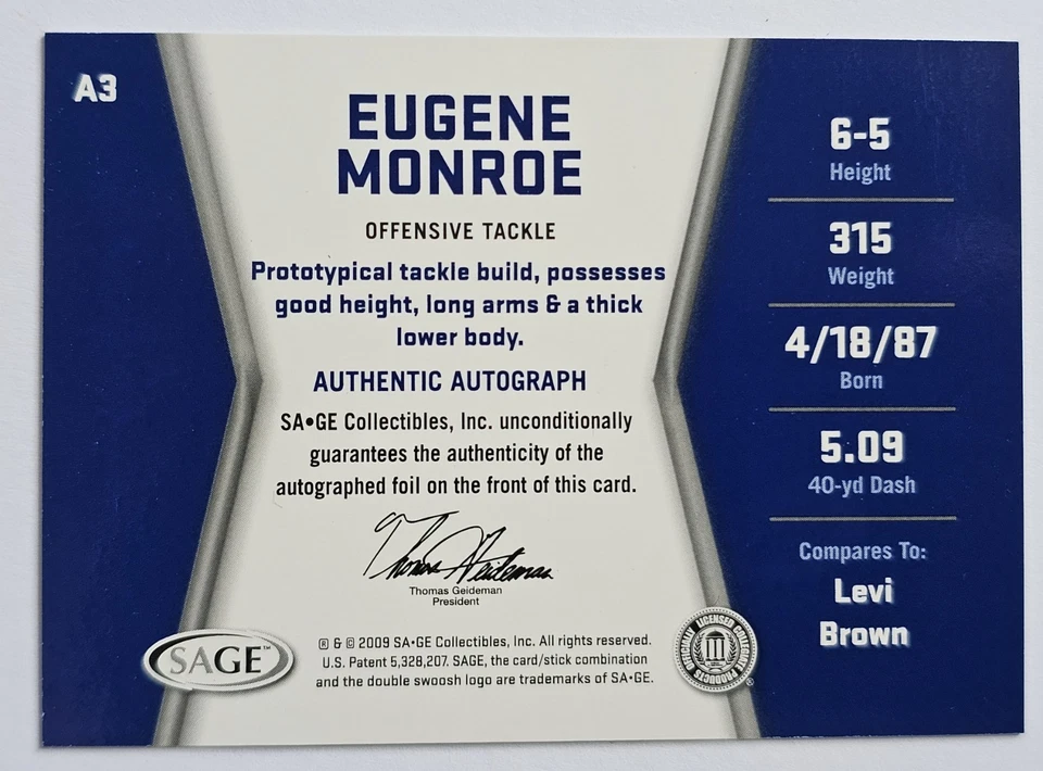 2009 SAGE Hit - Autographs Eugene Monroe #A3 Silver (AU, RC) - Image 2 of 2