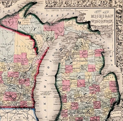 #ad 1864 MICHIGAN WISCONSIN Map ORIGINAL 14.5x11 Upper Peninsula GREAT LAKES $43.20