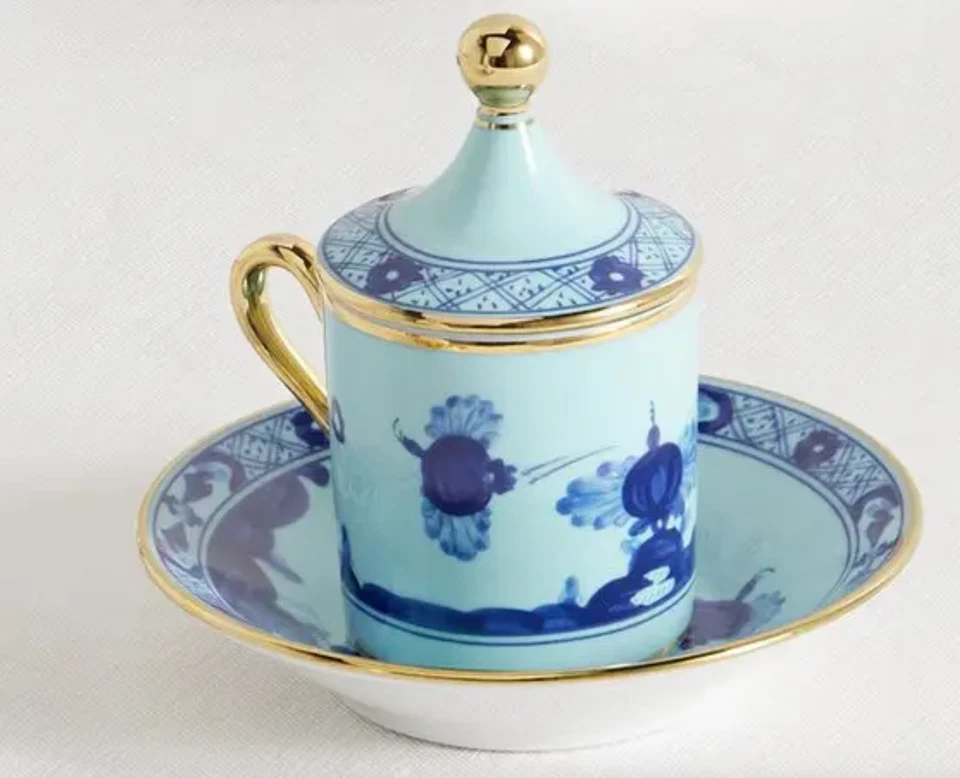 JUEGO DE CAFÉ GINORI 1735 ESTILO IMPERIO TAZA Y PLATILLO PORCELANA ORO AZUL 2,82 OZ NUEVO Foto 3 de 4