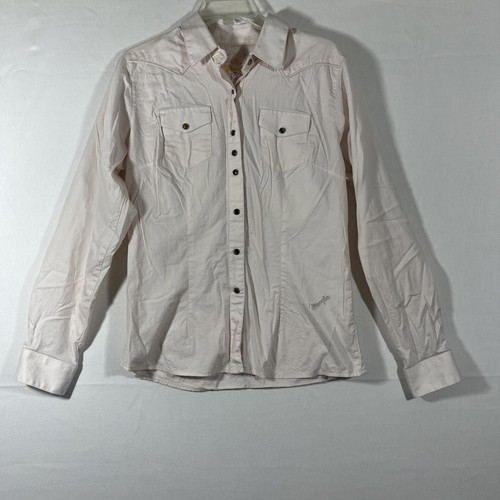 Wrangler Pearl Snap Shirt Women's Medium Pale Pink Logo Flap Pocket