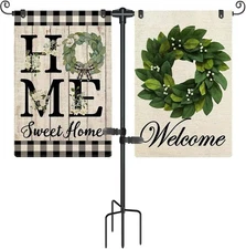 Garden Flag Stand Holder with 4 Prong Base 37" for dual 12x18 flags, Black 