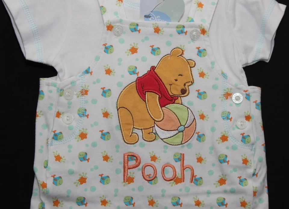 WINNIE THE POOH Baby Boys White T-Shirt & Dungaree Shorts Set Sizes 0-12 Months - Image 4 of 4