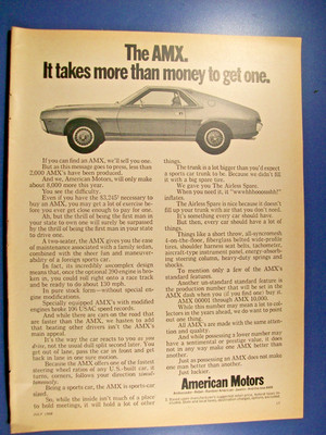 1968 AMC American Motors AMX car ad- ''It takes more than money''