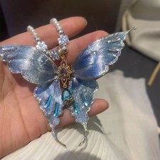 Blue Iridescent Pendant Butterfly Necklace With Pearl