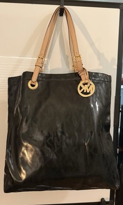 Michael Kors Jet Set Mirror Metallic North South Tote Black MK Logo Shoulder Bag