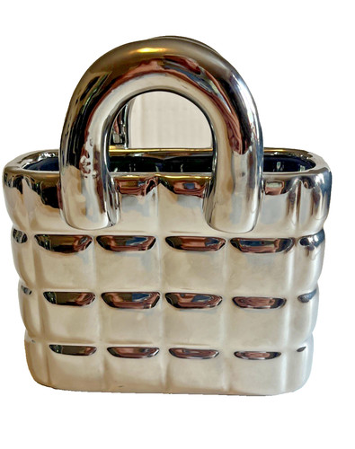 Cerra Purse Vase Planter Silver Brush Holder Quilted Pattern Clay Ceramic 6.5x6