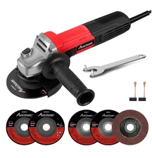 7.5A Angle Grinder 4-1/2" – With Wheels, Flap Disc & Handle, Red