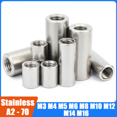 Round Studding Connector Nuts A2 Stainless Steel All Thread Rod Bar Sleeve Tube