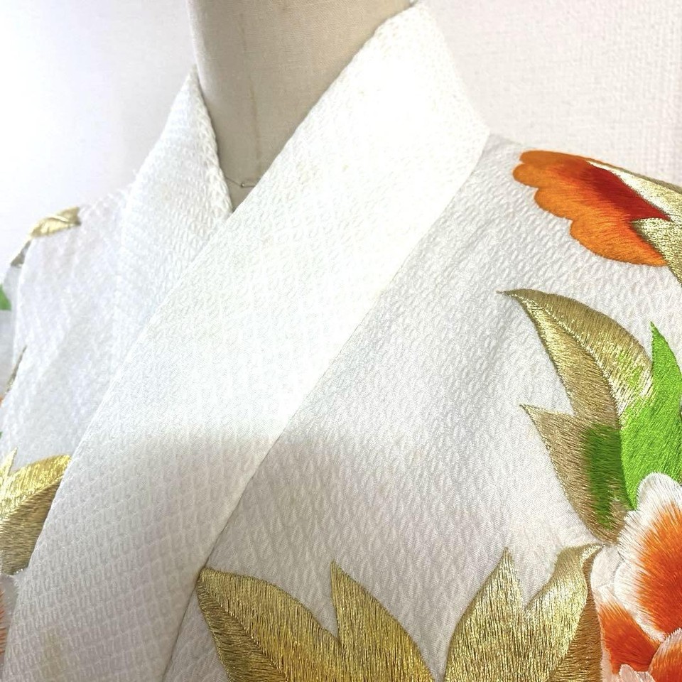 Japanese 097 White Silk Pure Bridal Costume Embroidery Pheasant Red