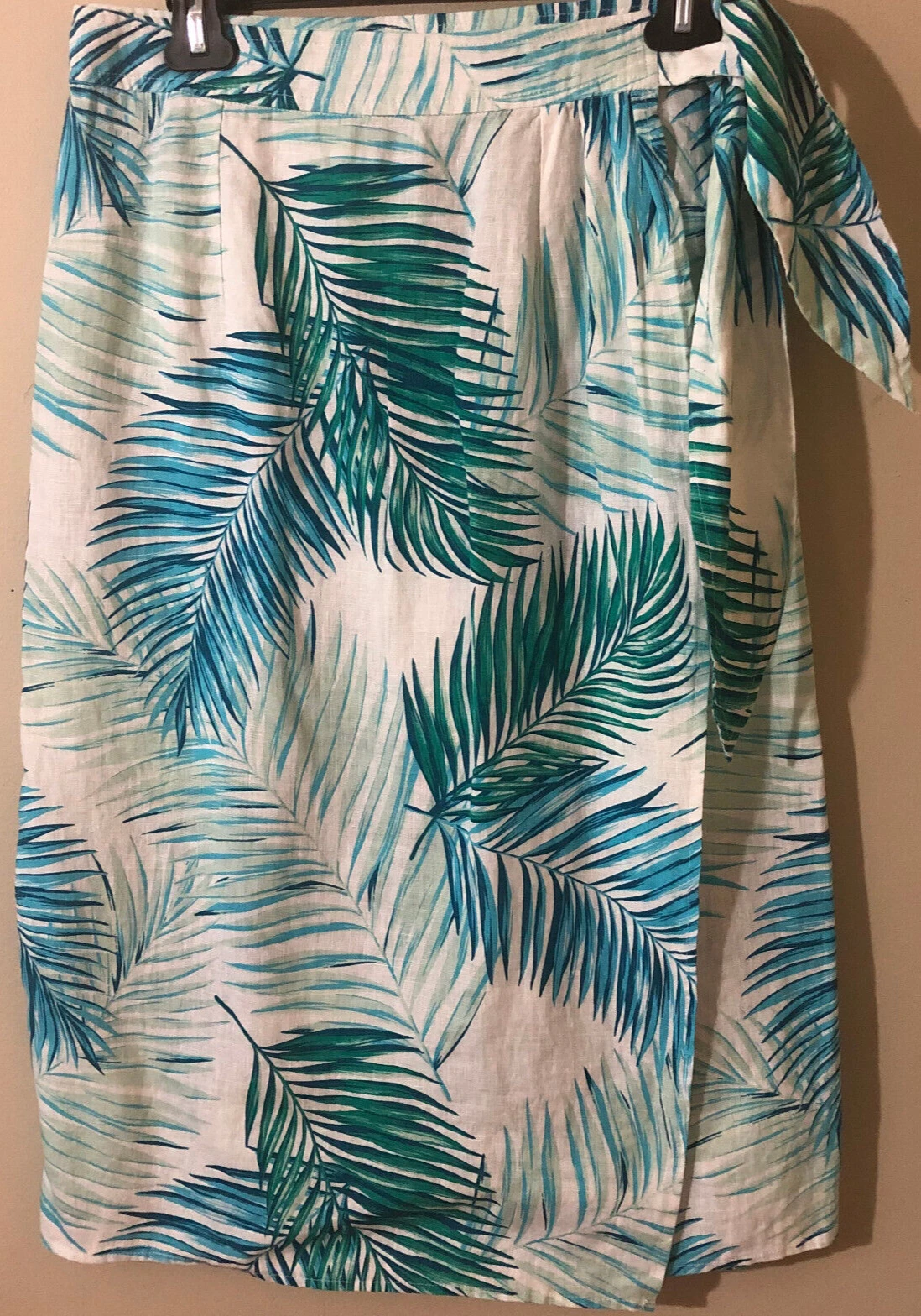 Tahari 100% Linen Tropical Palm Print Wrap Skirt Blue/Green/White Sz M NWT
