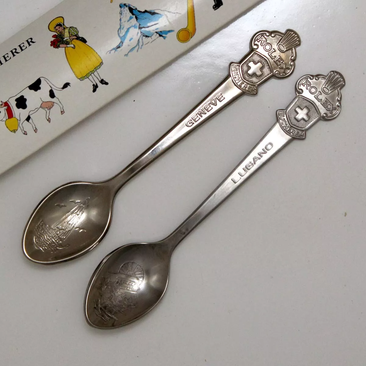 Pair of 2 Different Great Rolex Bucherer Geneve Lugano Demitasse Tea Spoons CB