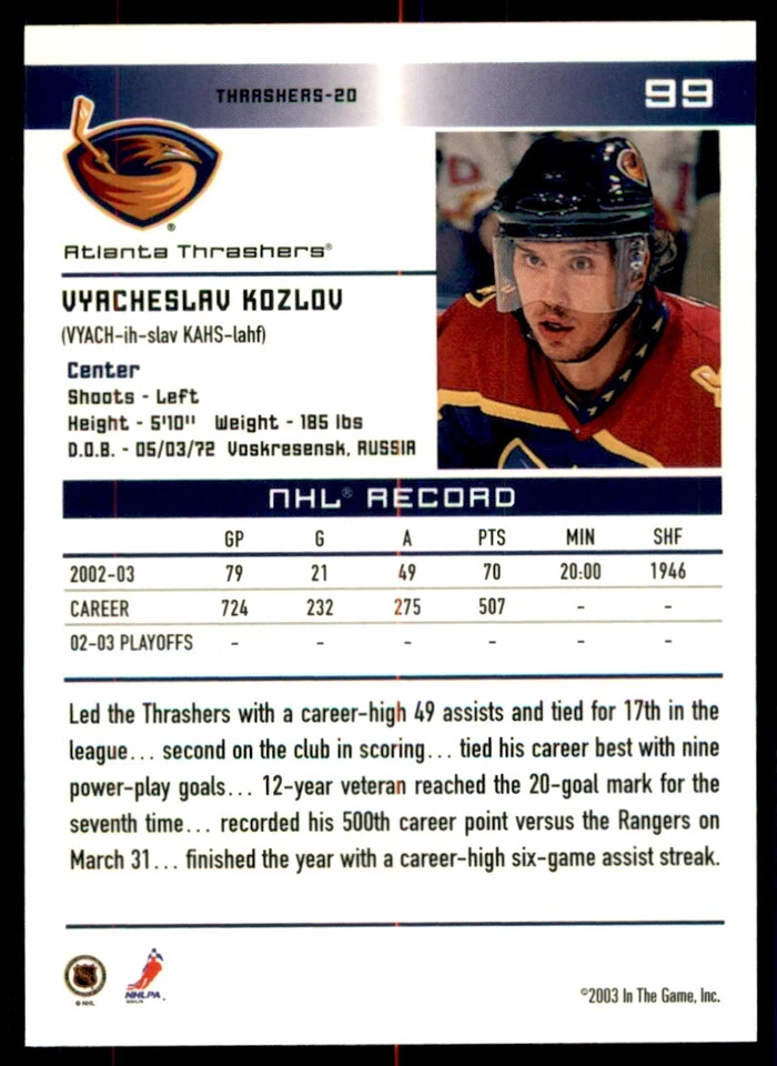 2003-04 In The Game Action Vyacheslav Kozlov #99 - Image 2 of 2