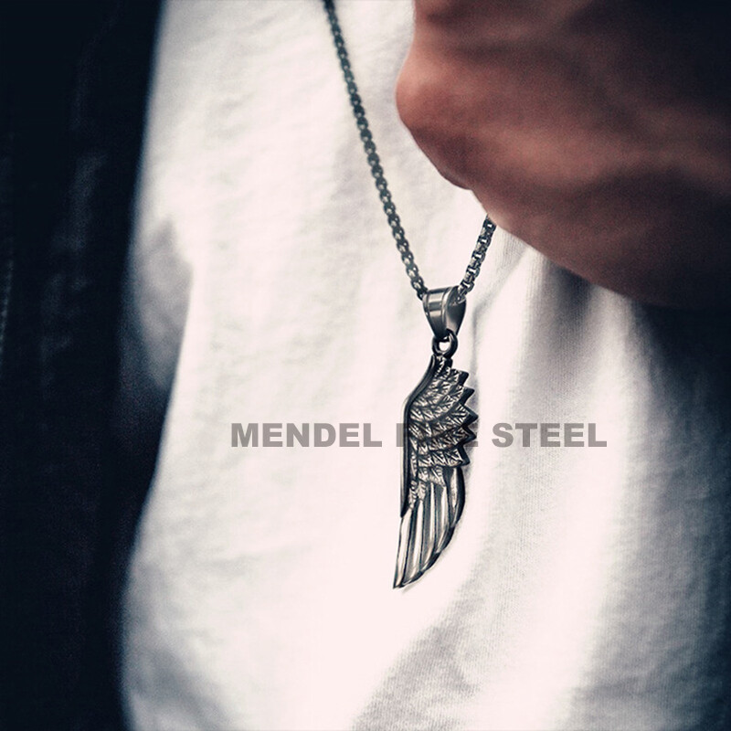 MENDEL Mens Stainless Steel Angel Wing Feather Pendant