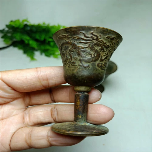 A Pair Copper Dragon Phoenix Play Beads Wineglass Cup Antique Daming Xuande - Picture 1 of 10