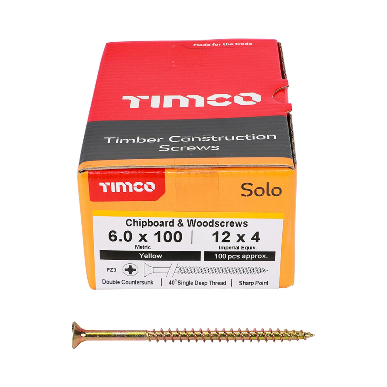 Timco Solo 6.0 x 100mm Wood Screw Zinc Yellow Passivated - Box of 100