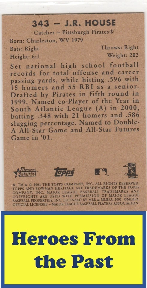 2001 Bowman Heritage #343 J.R. House SP 058-K - Image 2 of 2