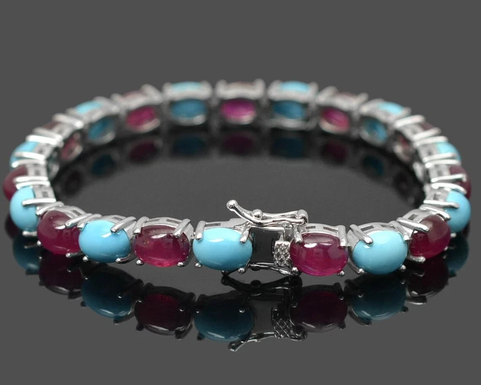 Natürliche Rubin & Blau Türkis Oval Edelstein 925 Sterlingsilber Tennis Armband - Bild 3 von 4