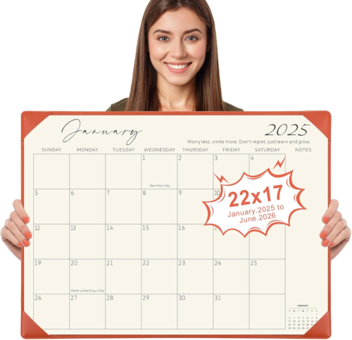 Large Desk Calendar 2025 with Desktop Mat, 18-Month Table Calendar, Orange