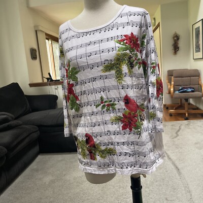Collections etc Beaded Music Notes Cardinal And Floral Top 3/4 Sleeve Size Large