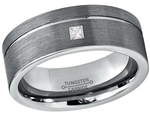 0.05ctw Princess Cut Diamond Ring, 8mm Pipe Cut Tungsten Wedding Band #030 - Picture 3 of 11