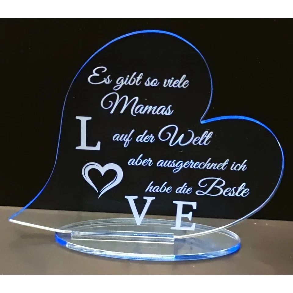 Geschenke zum Muttertag Geschenkidee Acryl Herz mit Gravur blau fluoreszierend - Bild 3 von 4