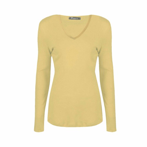 T-shirt donna scollo V manica lunga tinta unita slim fit basic top elasticizzato prezzo - Foto 23 di 30