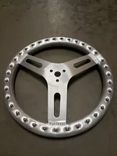 ALUMINUM STEERING WHEEL, 3 SPOKE, 3 HOLE, 13", FLAT, WITH RACING GRIP NIPPLES