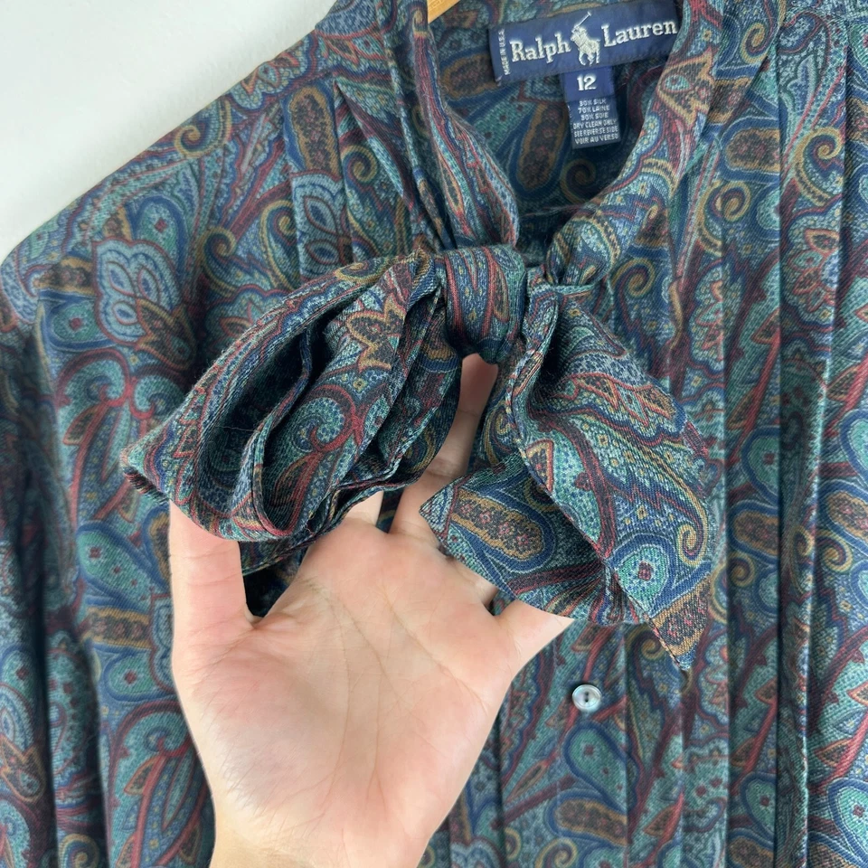 Blusa Ralph Lauren Para Mujer 12 Lana Seda Paisley Años 80 De Colección, Lazo en el Coño, Hecha en Unión Foto 3 de 4