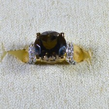 SMOKY QUARTZ-WHITE TOPAZ-SIZE 6 RING-18k YELLOW GOLD/STER SILV