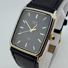 VTG Timex Quartz Watch Men Gold Tone Black Rectangle Leather Analog New Battery