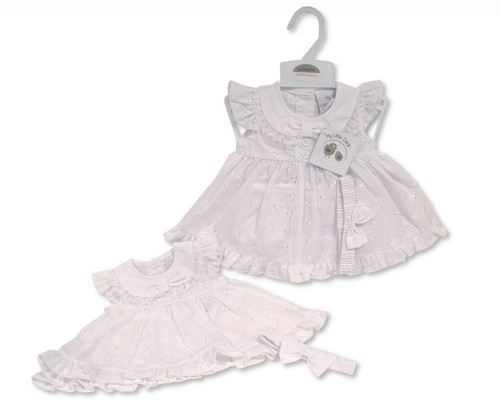 Baby Girls Dress Frilly Lace Buttons Broderie Anglaise White NB-3-6 Months