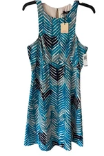 Trina Turk Cut In Shoulder Fit & Flare Dress Blue Herringbone 8 NWT $148