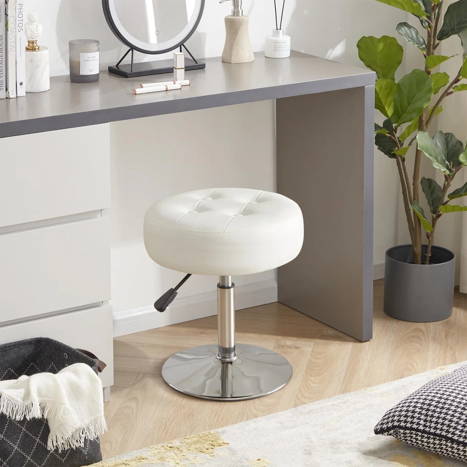 Cadeira vaidade branca para sala de maquiagem redonda otomana tufada couro ecológico maquiagem cha... - Imagem 3 de 4